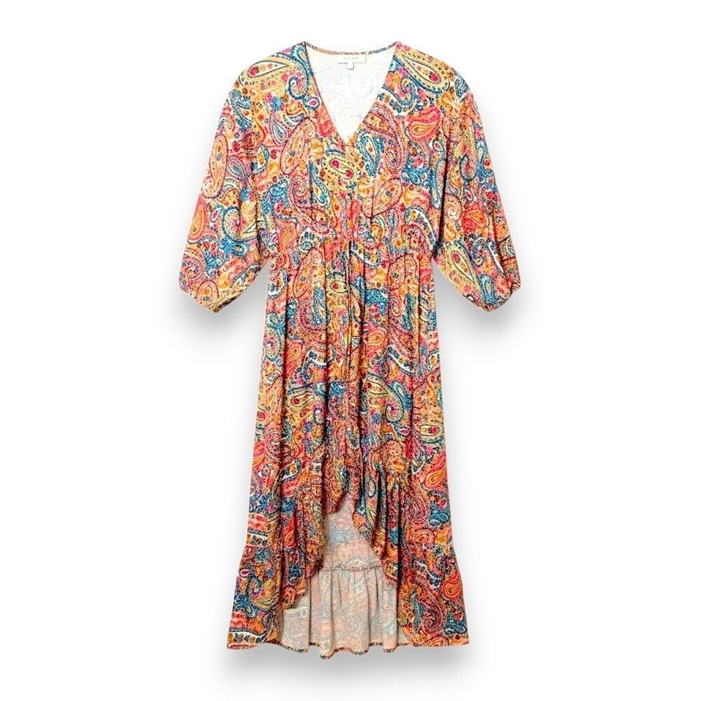 Umgee Paisley Boho High Low Midi Dress V-Neck Balloon Sleeve Multi Color Small